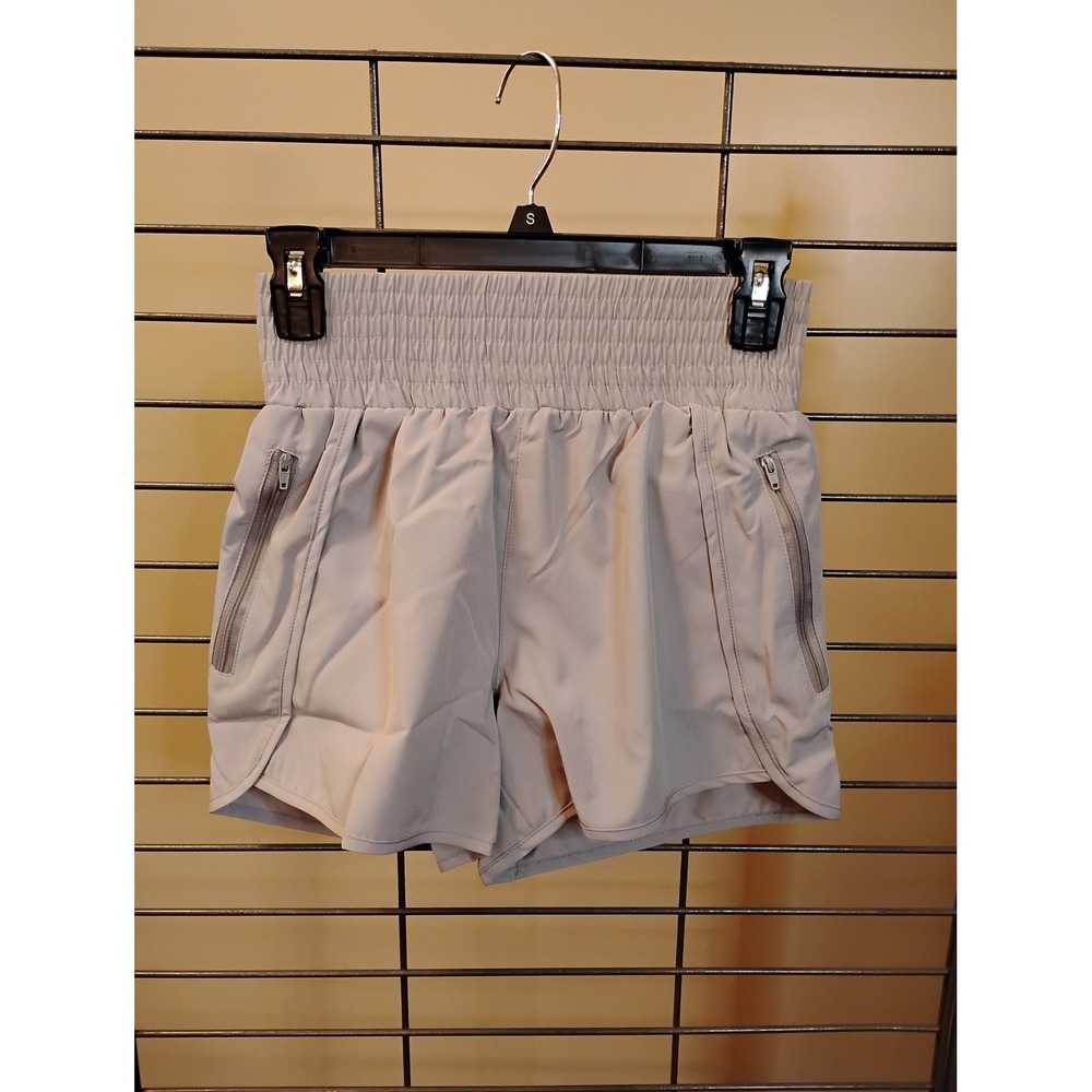 Rosvigor Womens High Waisted Athletic Shorts Tan Beige Smocked Waist XS NWT